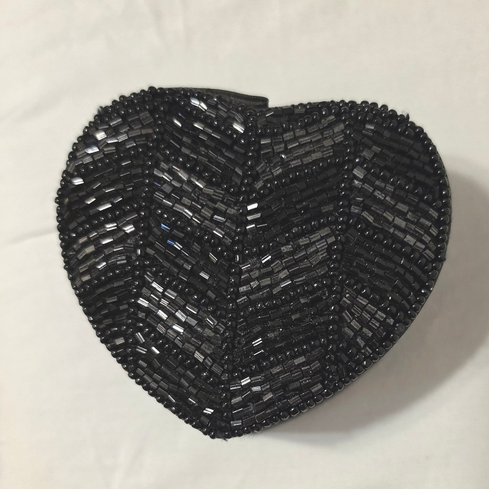 Vintage Black Beaded Heart Shaped Trinket Jewelry Box Decorative Keepsake Case